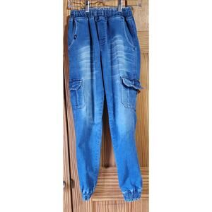 Adidas Youth Cargo Jogger Jeans Size 30 Elastic Waist Denim Pants Blue